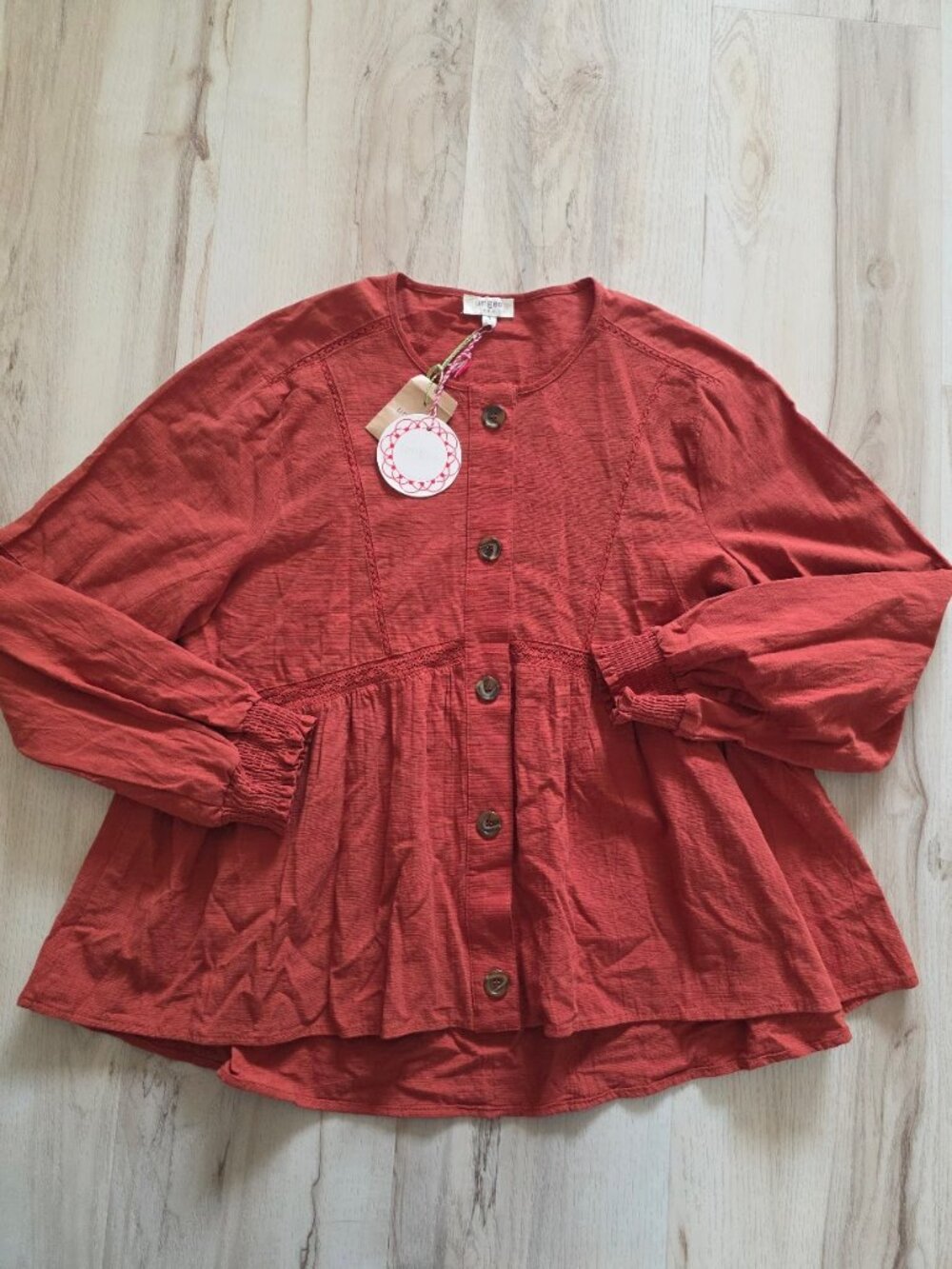 NWT Umgee Boho Peplum Button-Up Blouse - Burnt Orange - Small